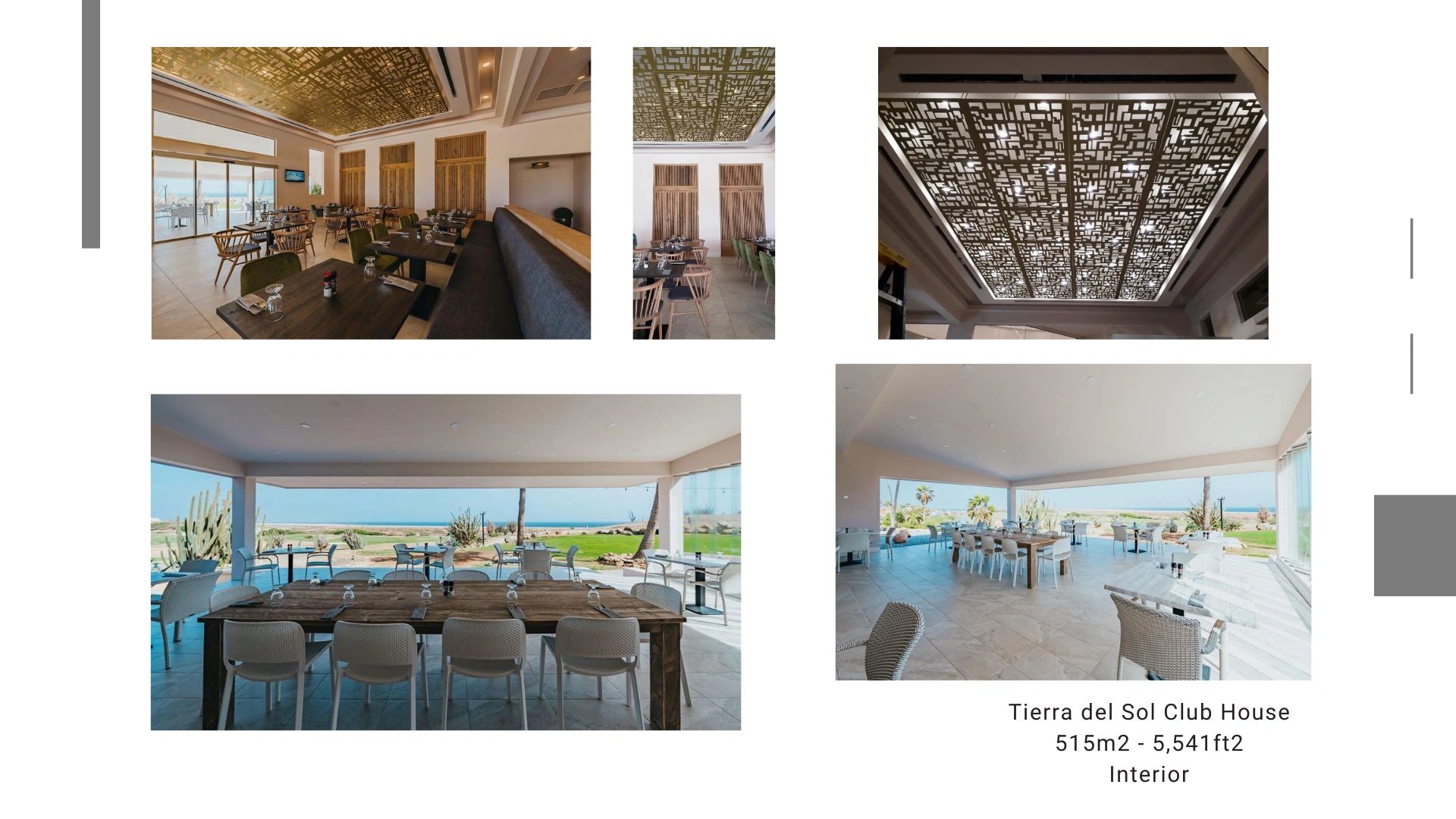 Modern clubhouse interior with artistic ceiling and ocean views.