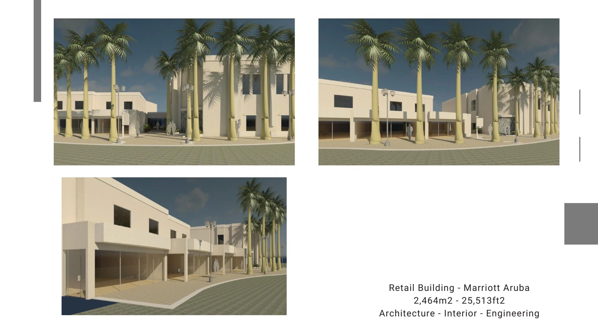3D renderings of a retail building with palm trees and modern design elements.
