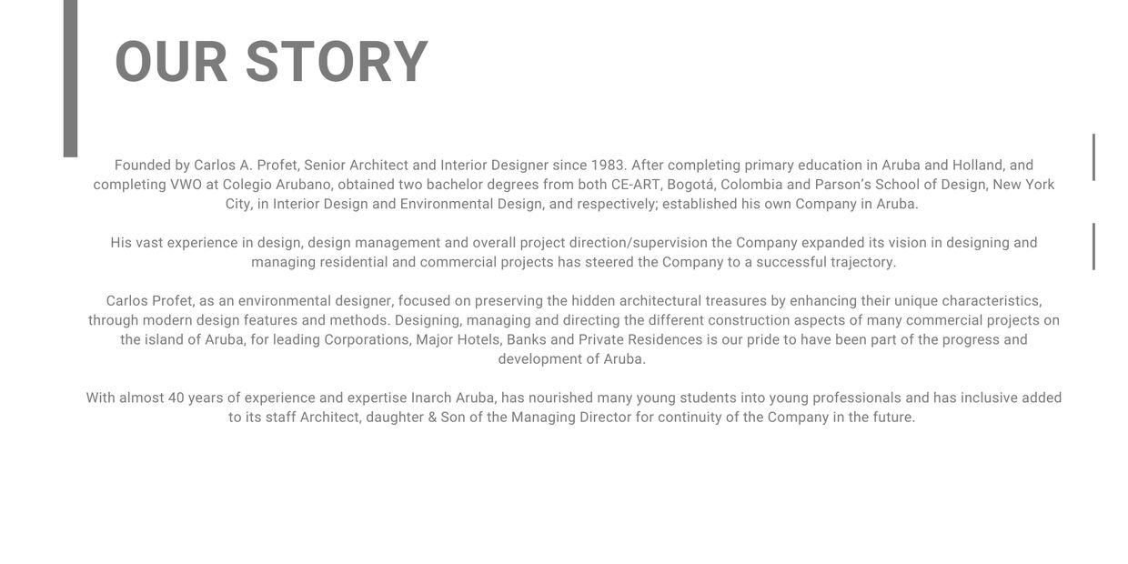 A text panel detailing the story and background of Carlos A. Profet and his architecture company in Aruba.