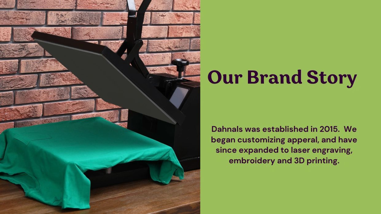 Heat press machine with a green shirt and brand story text.