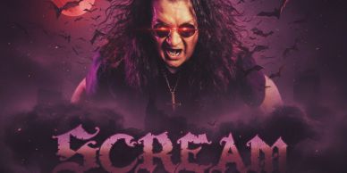 Man with long hair and red glasses screaming, bats and red moon background.