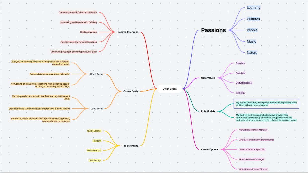 Mind map outlining Dylan Bruce's strengths, passions, career goals, values, and role models.