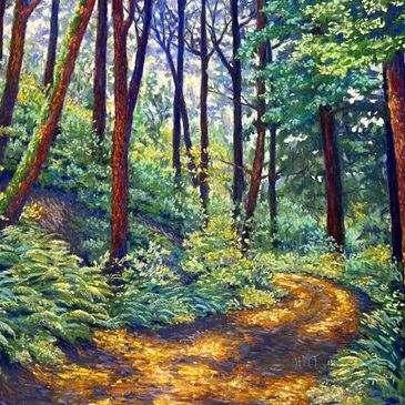 Pastel painting of a country road through a wooded area. 