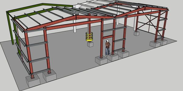 3D model of a metal frame structure with a person for scale.