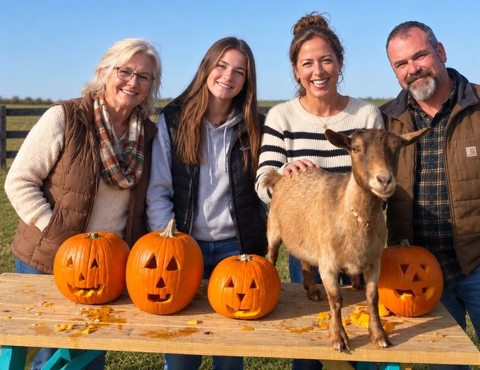 Family with carved pumpkins and a goat on a table outdoors.