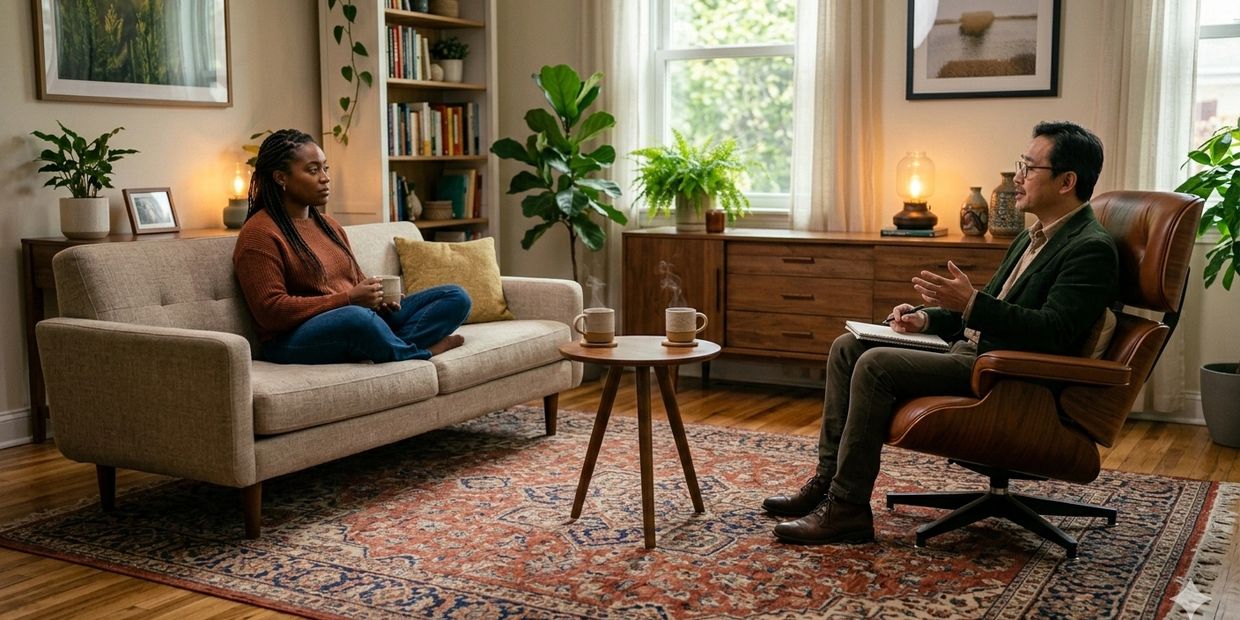 A woman and a man have a serious conversation in a cozy, well-lit room.
