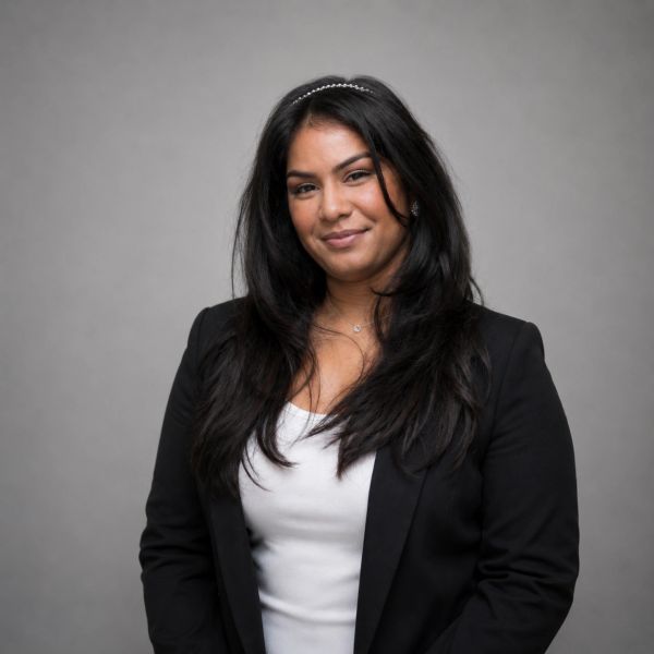 Confident woman Therapist Sheena with long dark hair wearing a black blazer.