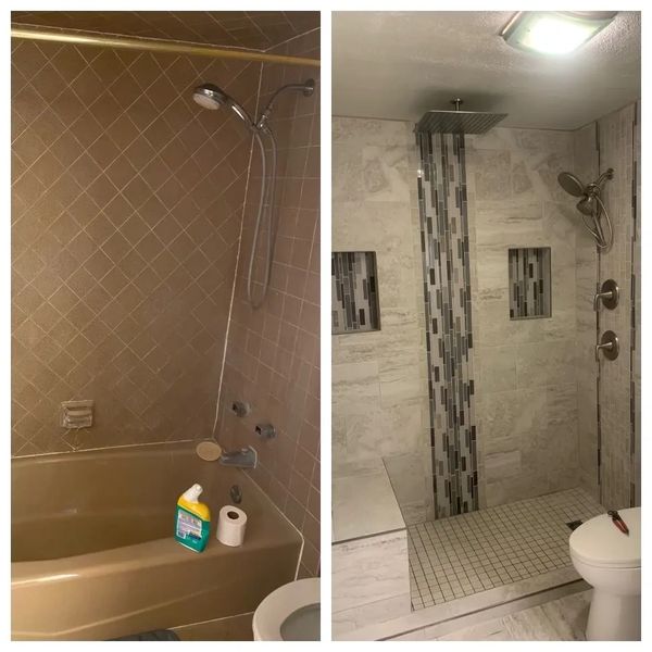 Before and after images of a bathroom shower renovation.