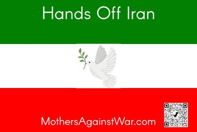 Banner with Iranian flag colors and a peace dove, saying 'Hands Off Iran'.