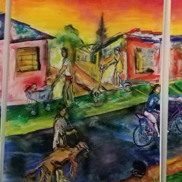 “Coconut Creek streets scene”, size : 3 Panels 60” high x 36” wide, Medium: Acrylic on 3 canvas.