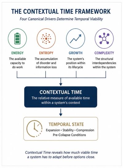 Contextual Time framework showing how Energy, Entropy, Growth, and Complexity determine temporal sta