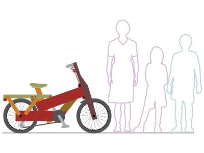 Illustration of a red moped next to three human silhouettes for size comparison.