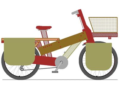 Illustration of a utility bike with front basket and side panniers.