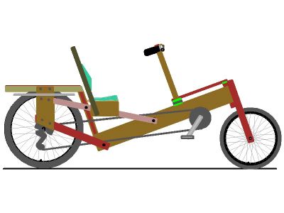 A side view of a recumbent bicycle.