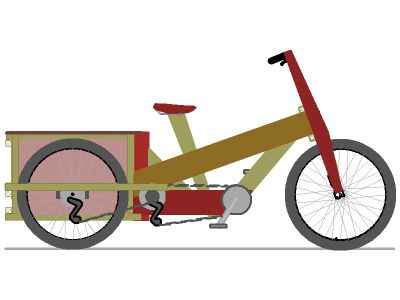 Side view of a cargo bike with wooden frame and two rear wheels.