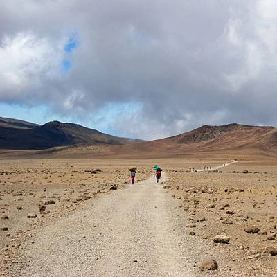Two hikers walk along a rocky desert path towards distant hills under a cloudy sky.