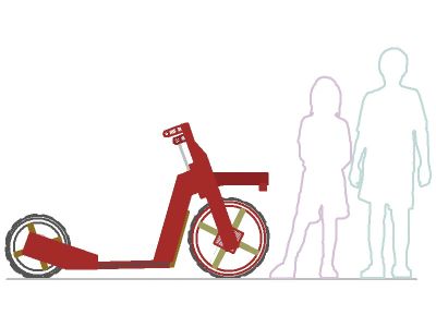 Red electric scooter with silhouette of two people for scale.