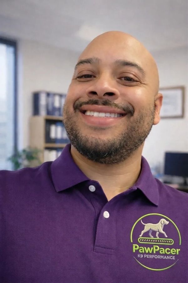 Smiling man wearing a purple PawPacer K9 Performance polo shirt indoors.