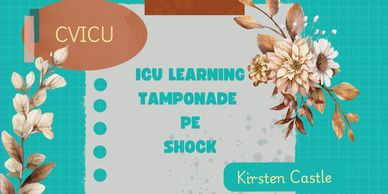 A teal green background.  CVICU, ICU learning, tamponade, PE, Shock. Kirsten Castle