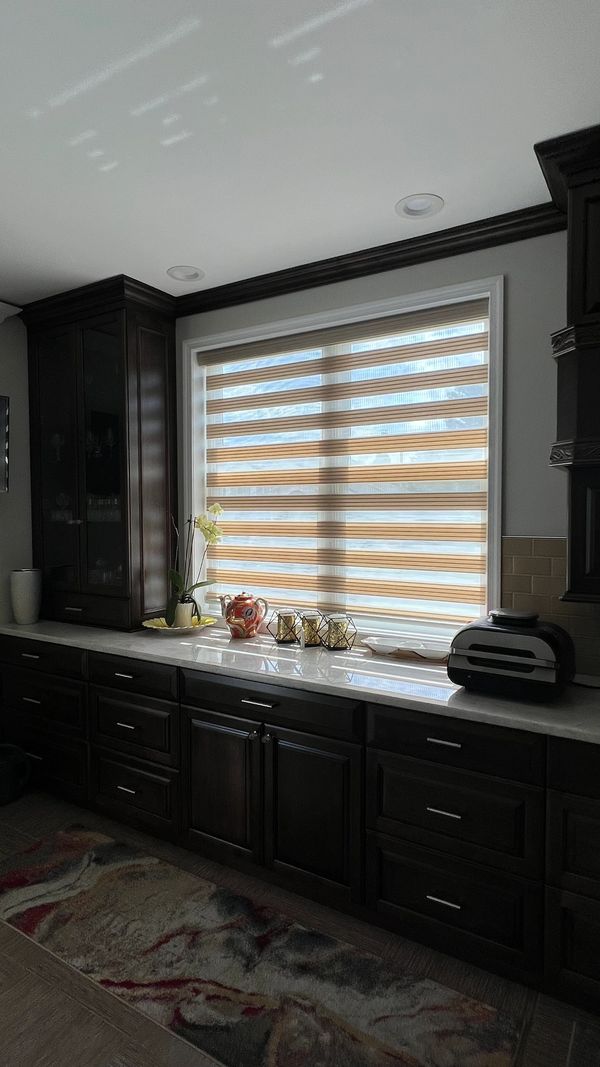 Zebra shades (Gold) in the kitchen window. 