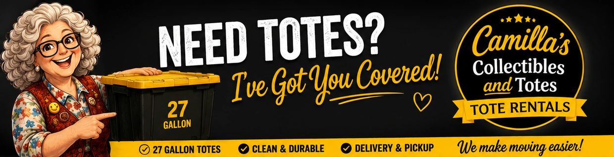 Advertisement for tote rentals with a friendly elderly woman illustration.