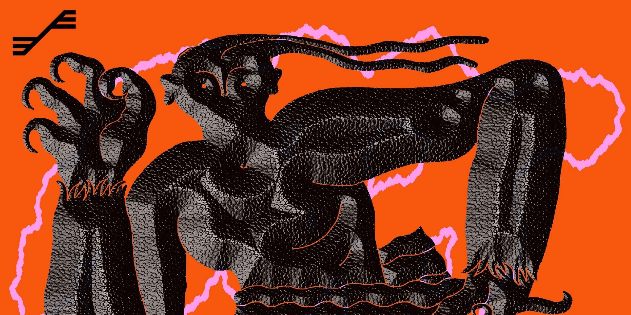 Abstract black figure dancing on bright orange background for 4th anniversary.