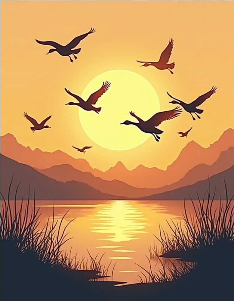 Silhouettes of birds flying at sunset over a serene lake with mountains.