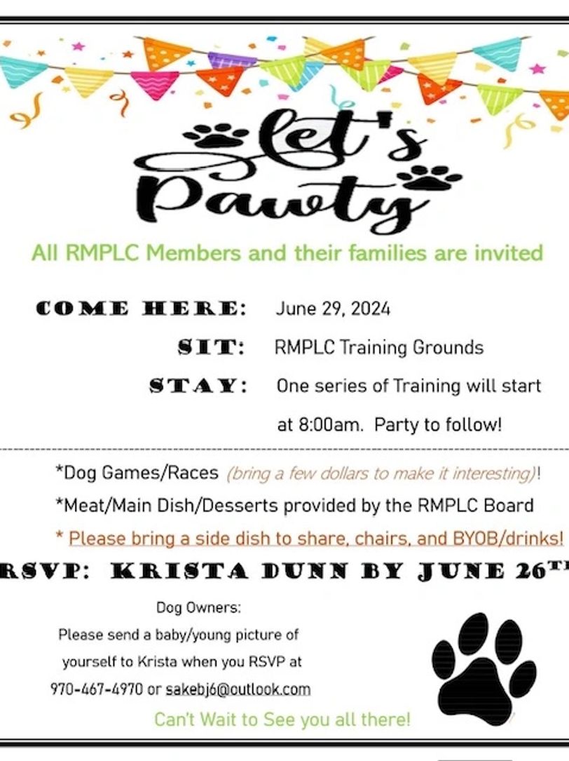 Invitation for RMPLC members to a dog party with games, food, and fun on June 29, 2024.