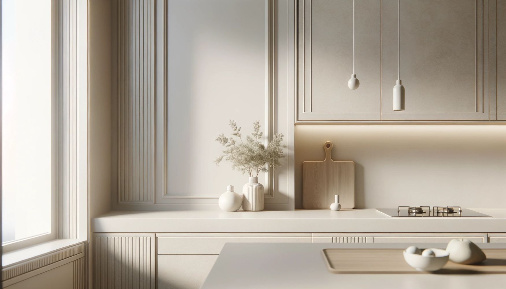 Minimalist beige kitchen with elegant vases and soft natural light.