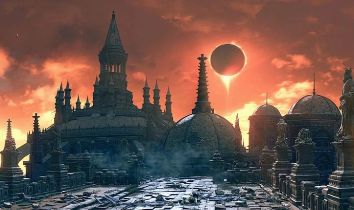 Ancient gothic ruins under a fiery sky with a dramatic solar eclipse.