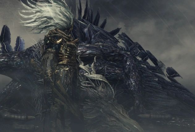 A dark, armored warrior battles a massive dragon under stormy skies.