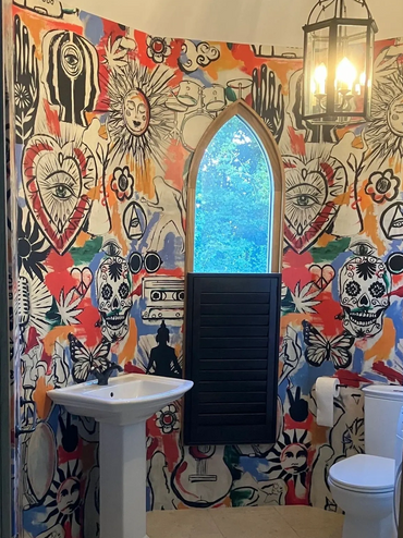 Cloak room wall papered