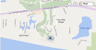 Map showing Gulf Pines and Four Mile Village near US Highway 98 and Fuller Lake.