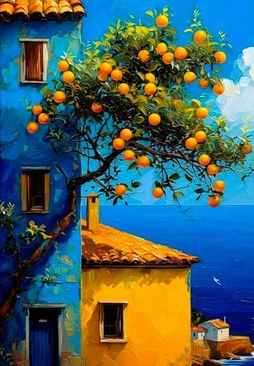 A vibrant coastal scene with orange tree, colorful houses, and deep blue sea.
