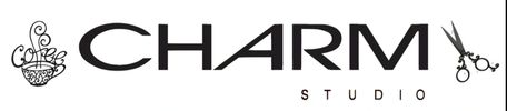 Logo for Charm Studio with a coffee cup and scissors graphic.