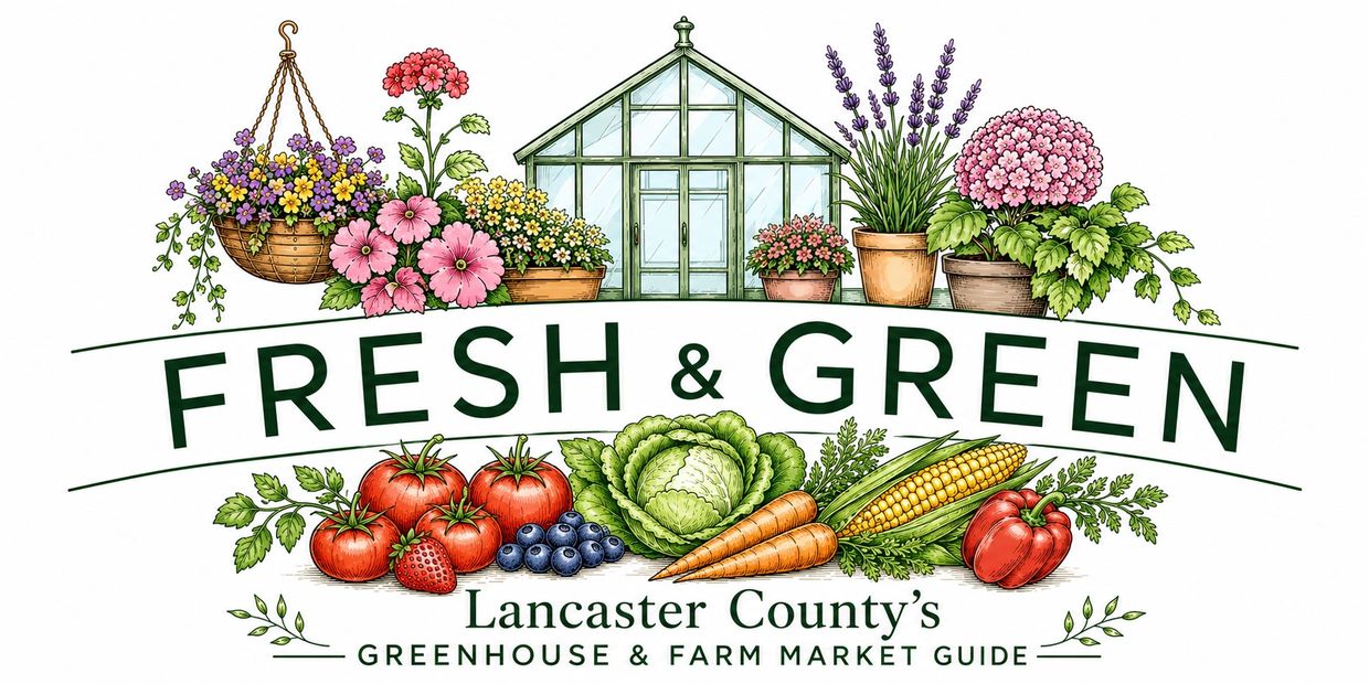 Illustration of a greenhouse with fresh vegetables and flowers, titled 'Fresh &amp; Green'.