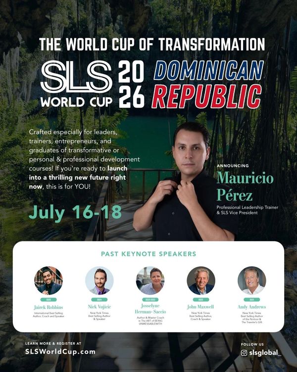 Promotional poster for SLS World Cup 2026 in Dominican Republic featuring Mauricio Pérez and past keynote speakers.