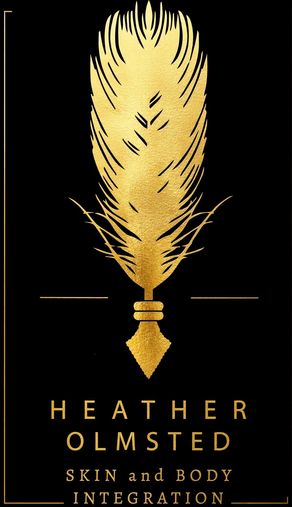 Elegant gold feather logo on black background for Heather Olmsted skin and body integration.