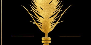 Golden stylized feather on black background.