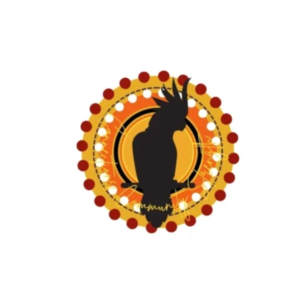 Silhouette of a cockatoo against an orange decorative circular background.