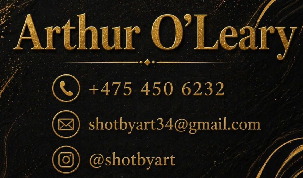Elegant contact card for Arthur O'Leary with phone, email, and Instagram.