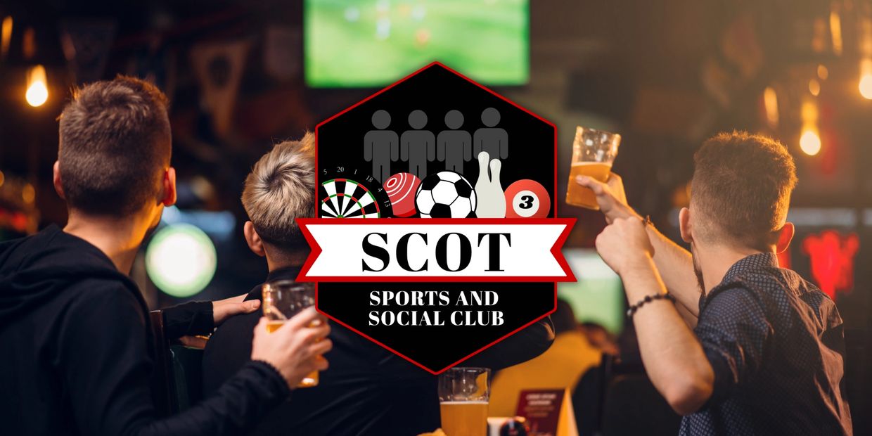 Friends enjoying drinks while watching sports at Scot Sports and Social Club.