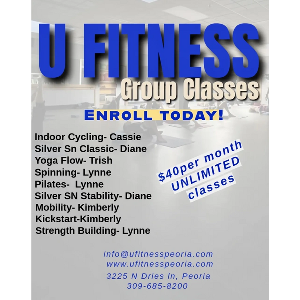 U Fitness logo and banner advertising group fitness classes.