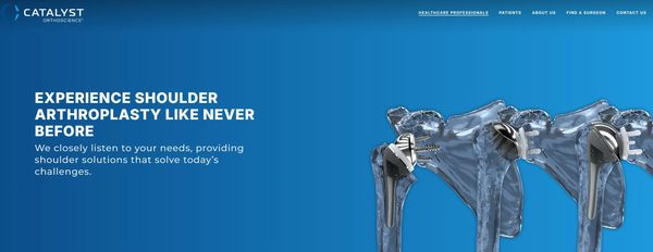 Illustration of shoulder arthroplasty implants with a blue background and company branding.