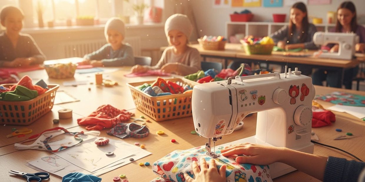Child learning sewing at UMAI Foundation — kids’ sewing class building confidence and creativity.