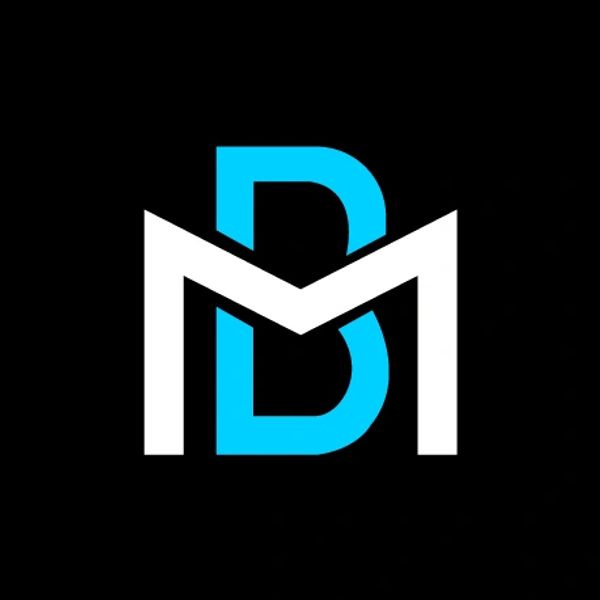 Stylized logo combining blue 'B' and white 'M' on black background.