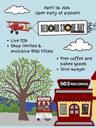 Illustrated flyer for Record Store Day with event details and a record store storefront.