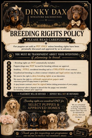 Informative breeding rights policy for Dinky Dax miniature dachshunds.
