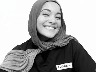 Smiling woman wearing a hijab and a name tag that reads Farah Alzyod.