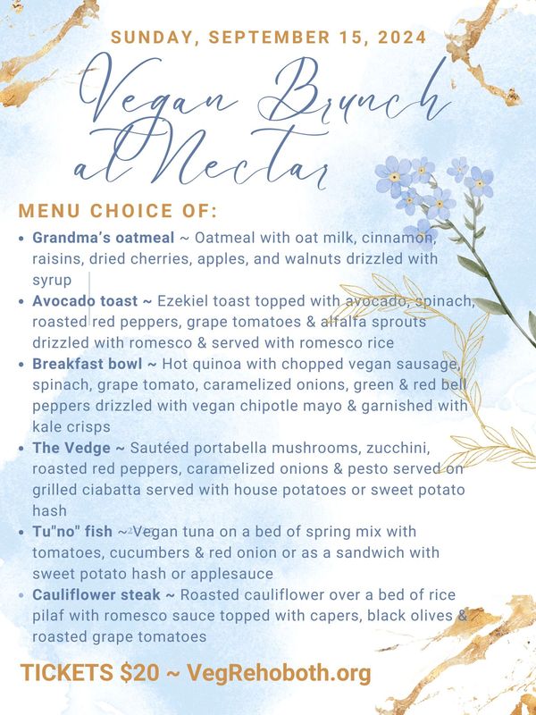 Vegan brunch menu at Nectar on September 15, 2024, featuring diverse plant-based dishes.